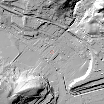 Shaded relief map of the ground around OL145HT, computed from Environment Agency LiDAR. The ground here sits at about 127 m above sea level and falls 91 m across the surrounding 800 m. Surface water reaching this point runs off ground lying to the north, 3.1 m higher.