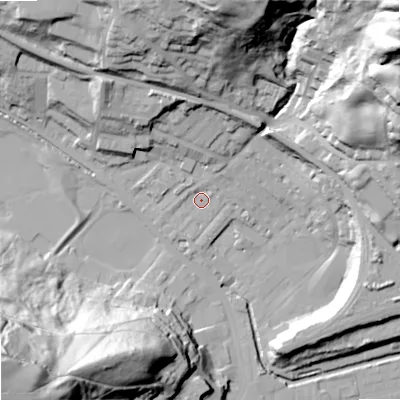 Shaded relief map of the ground around OL145HU, computed from Environment Agency LiDAR. The ground here sits at about 127 m above sea level and falls 92 m across the surrounding 800 m. Surface water reaching this point runs off ground lying to the north-north-east, 3.1 m higher.