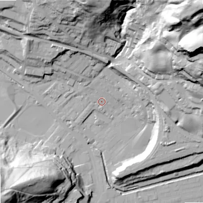 Shaded relief map of the ground around OL145HW, computed from Environment Agency LiDAR. The ground here sits at about 127 m above sea level and falls 103 m across the surrounding 800 m. Surface water reaching this point runs off ground lying to the north-east, 99.3 m higher.