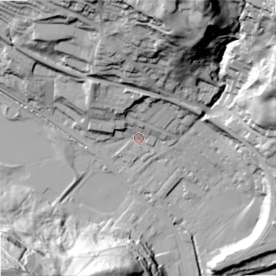Shaded relief map of the ground around OL145HZ, computed from Environment Agency LiDAR. The ground here sits at about 129 m above sea level and falls 98 m across the surrounding 800 m. Surface water reaching this point runs off ground lying to the north, 17.8 m higher.