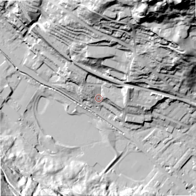 Shaded relief map of the ground around OL145JX, computed from Environment Agency LiDAR. The ground here sits at about 134 m above sea level and falls 108 m across the surrounding 800 m. Surface water reaching this point runs off ground lying to the north-north-east, 93.0 m higher.