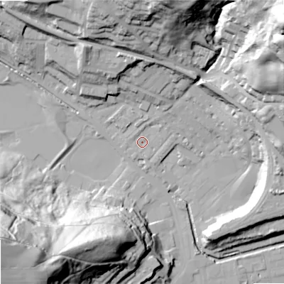 Shaded relief map of the ground around OL145LL, computed from Environment Agency LiDAR. The ground here sits at about 127 m above sea level and falls 95 m across the surrounding 800 m. Surface water reaching this point runs off ground lying to the south-south-west, 2.3 m higher.
