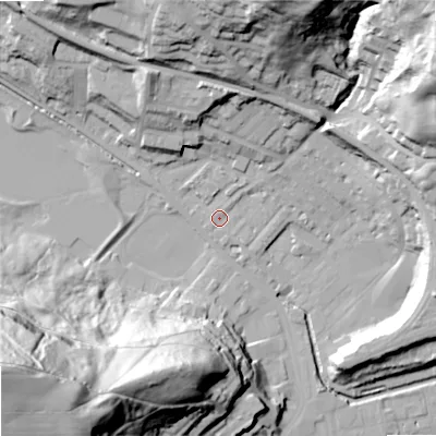 Shaded relief map of the ground around OL145LW, computed from Environment Agency LiDAR. The ground here sits at about 127 m above sea level and falls 99 m across the surrounding 800 m. Surface water reaching this point runs off ground lying to the south-south-east, 2.3 m higher.