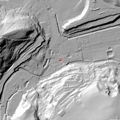 Shaded relief map of the ground around OL145QB, computed from Environment Agency LiDAR. The ground here sits at about 126 m above sea level and falls 98 m across the surrounding 800 m. Surface water reaching this point runs off ground lying to the south-east, 94.9 m higher.
