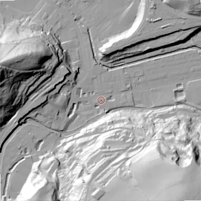 Shaded relief map of the ground around OL145QD, computed from Environment Agency LiDAR. The ground here sits at about 126 m above sea level and falls 97 m across the surrounding 800 m. Surface water reaching this point runs off ground lying to the south-east, 93.4 m higher.