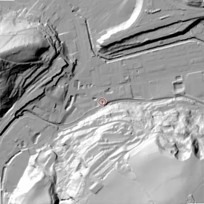 Shaded relief map of the ground around OL145QE, computed from Environment Agency LiDAR. The ground here sits at about 126 m above sea level and falls 99 m across the surrounding 800 m. Surface water reaching this point runs off ground lying to the south-east, 95.8 m higher.
