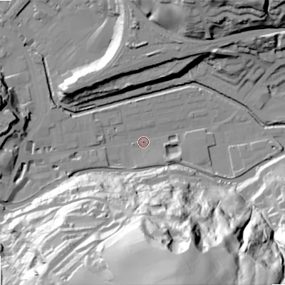 Shaded relief map of the ground around OL145QN, computed from Environment Agency LiDAR. The ground here sits at about 123 m above sea level and falls 93 m across the surrounding 800 m. Surface water reaching this point runs off ground lying to the south-south-east, 91.1 m higher.