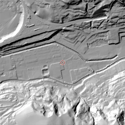 Shaded relief map of the ground around OL145QR, computed from Environment Agency LiDAR. The ground here sits at about 122 m above sea level and falls 100 m across the surrounding 800 m. Surface water reaching this point runs off ground lying to the south-east, 99.4 m higher.