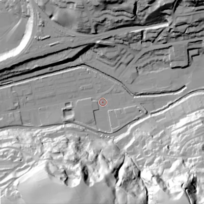 Shaded relief map of the ground around OL145QT, computed from Environment Agency LiDAR. The ground here sits at about 122 m above sea level and falls 102 m across the surrounding 800 m. Surface water reaching this point runs off ground lying to the south-east, 101.3 m higher.