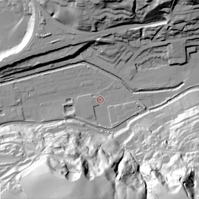 Shaded relief map of the ground around OL145QU, computed from Environment Agency LiDAR. The ground here sits at about 122 m above sea level and falls 103 m across the surrounding 800 m. Surface water reaching this point runs off ground lying to the south-east, 101.6 m higher.