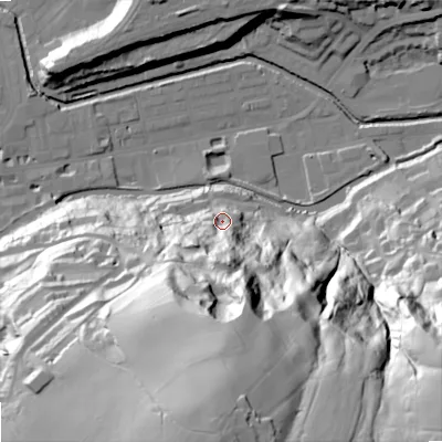 Shaded relief map of the ground around OL145QW, computed from Environment Agency LiDAR. The ground here sits at about 135 m above sea level and falls 101 m across the surrounding 800 m. Surface water reaching this point runs off ground lying to the south, 87.9 m higher.