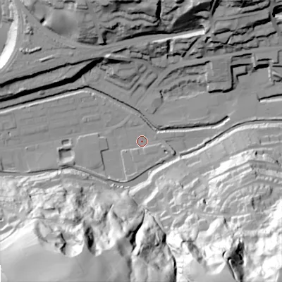 Shaded relief map of the ground around OL145QX, computed from Environment Agency LiDAR. The ground here sits at about 123 m above sea level and falls 108 m across the surrounding 800 m. Surface water reaching this point runs off ground lying to the south-south-east, 100.3 m higher.