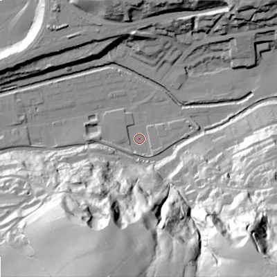 Shaded relief map of the ground around OL145QY, computed from Environment Agency LiDAR. The ground here sits at about 122 m above sea level and falls 108 m across the surrounding 800 m. Surface water reaching this point runs off ground lying to the south-east, 105.6 m higher.