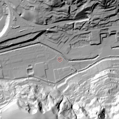 Shaded relief map of the ground around OL145RA, computed from Environment Agency LiDAR. The ground here sits at about 123 m above sea level and falls 101 m across the surrounding 800 m. Surface water reaching this point runs off ground lying to the south-south-east, 97.1 m higher.