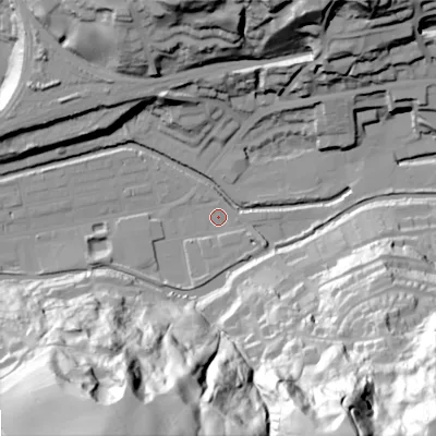 Shaded relief map of the ground around OL145RB, computed from Environment Agency LiDAR. The ground here sits at about 123 m above sea level and falls 107 m across the surrounding 800 m. Surface water reaching this point runs off ground lying to the south-south-east, 99.2 m higher.