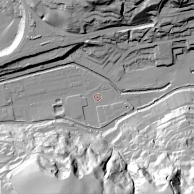 Shaded relief map of the ground around OL145RD, computed from Environment Agency LiDAR. The ground here sits at about 122 m above sea level and falls 102 m across the surrounding 800 m. Surface water reaching this point runs off ground lying to the south-east, 100.6 m higher.