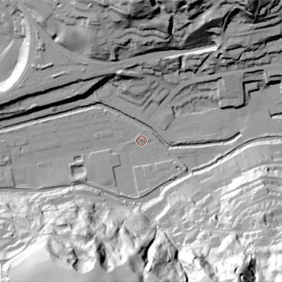 Shaded relief map of the ground around OL145RE, computed from Environment Agency LiDAR. The ground here sits at about 123 m above sea level and falls 97 m across the surrounding 800 m. Surface water reaching this point runs off ground lying to the south-east, 96.1 m higher.