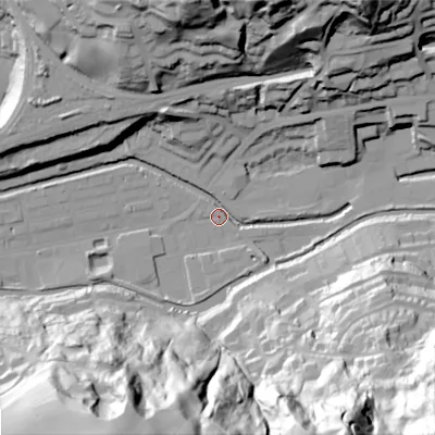 Shaded relief map of the ground around OL145RF, computed from Environment Agency LiDAR. The ground here sits at about 124 m above sea level and falls 107 m across the surrounding 800 m. Surface water reaching this point runs off ground lying to the north, 56.4 m higher.