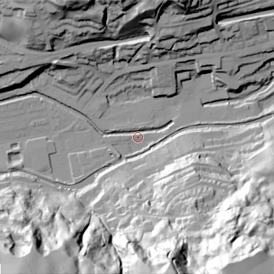 Shaded relief map of the ground around OL145RG, computed from Environment Agency LiDAR. The ground here sits at about 123 m above sea level and falls 108 m across the surrounding 800 m. Surface water reaching this point runs off ground lying to the north-north-west, 50.8 m higher.