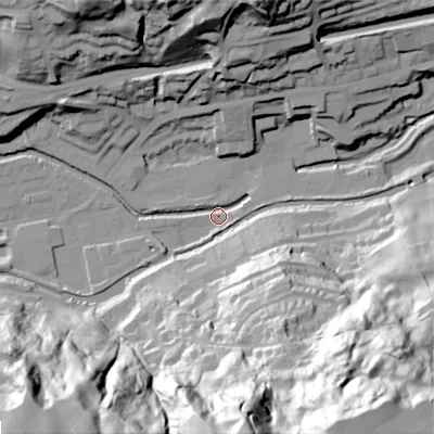 Shaded relief map of the ground around OL145RQ, computed from Environment Agency LiDAR. The ground here sits at about 123 m above sea level and falls 108 m across the surrounding 800 m. Surface water reaching this point runs off ground lying to the north-north-east, 52.8 m higher.