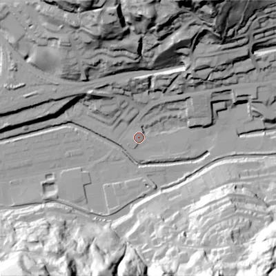 Shaded relief map of the ground around OL145RS, computed from Environment Agency LiDAR. The ground here sits at about 123 m above sea level and falls 81 m across the surrounding 800 m. Surface water reaching this point runs off ground lying to the north-north-east, 78.1 m higher.