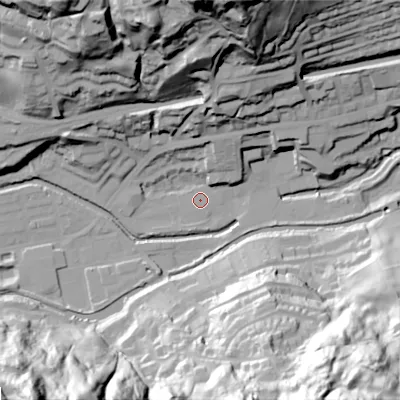 Shaded relief map of the ground around OL145RT, computed from Environment Agency LiDAR. The ground here sits at about 123 m above sea level and falls 87 m across the surrounding 800 m. Surface water reaching this point runs off ground lying to the north, 79.6 m higher.