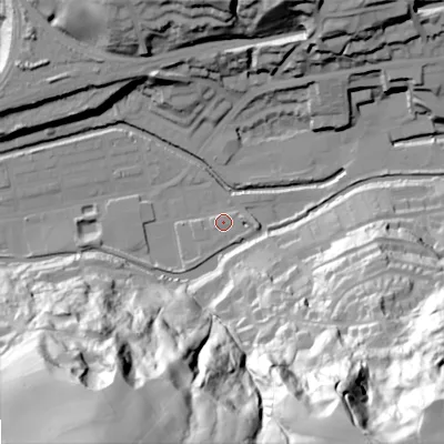Shaded relief map of the ground around OL145SA, computed from Environment Agency LiDAR. The ground here sits at about 124 m above sea level and falls 109 m across the surrounding 800 m. Surface water reaching this point runs off ground lying to the east, 3.2 m higher.