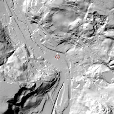 Shaded relief map of the ground around OL146BJ, computed from Environment Agency LiDAR. The ground here sits at about 155 m above sea level and falls 138 m across the surrounding 800 m. Surface water reaching this point runs off ground lying to the north-north-east, 3.1 m higher.