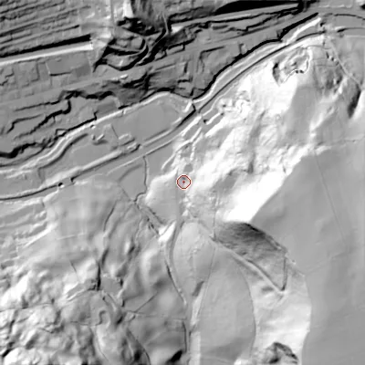 Shaded relief map of the ground around OL146BL, computed from Environment Agency LiDAR. The ground here sits at about 133 m above sea level and falls 107 m across the surrounding 800 m. Surface water reaching this point runs off ground lying to the east-south-east, 78.4 m higher.