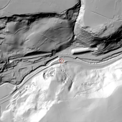 Shaded relief map of the ground around OL146BT, computed from Environment Agency LiDAR. The ground here sits at about 119 m above sea level and falls 116 m across the surrounding 800 m. Surface water reaching this point runs off ground lying to the south-south-west, 62.9 m higher.