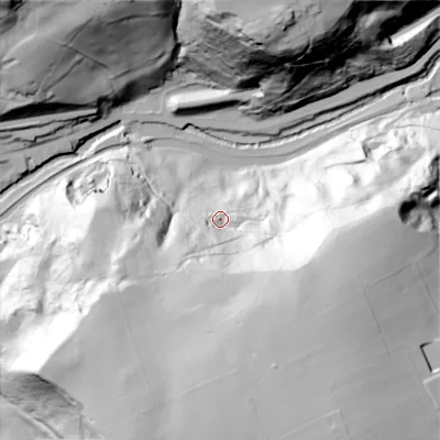 Shaded relief map of the ground around OL146BU, computed from Environment Agency LiDAR. The ground here sits at about 147 m above sea level and falls 110 m across the surrounding 800 m. Surface water reaching this point runs off ground lying to the south-south-east, 74.8 m higher.