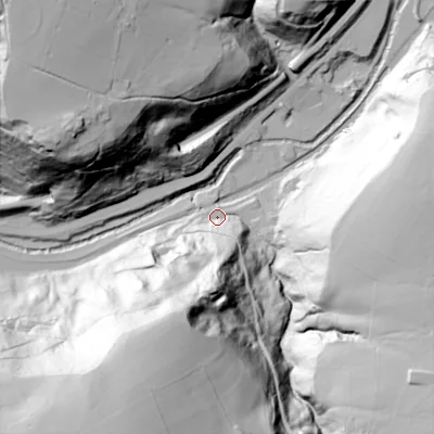 Shaded relief map of the ground around OL146DB, computed from Environment Agency LiDAR. The ground here sits at about 119 m above sea level and falls 104 m across the surrounding 800 m. Surface water reaching this point runs off ground lying to the south-south-west, 99.2 m higher.