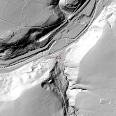 Shaded relief map of the ground around OL146DD, computed from Environment Agency LiDAR. The ground here sits at about 119 m above sea level and falls 104 m across the surrounding 800 m. Surface water reaching this point runs off ground lying to the south-south-west, 99.0 m higher.
