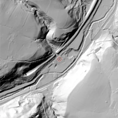 Shaded relief map of the ground around OL146DF, computed from Environment Agency LiDAR. The ground here sits at about 119 m above sea level and falls 83 m across the surrounding 800 m. Surface water reaching this point runs off ground lying to the north-west, 75.4 m higher.