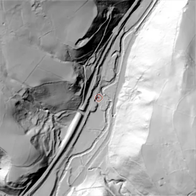 Shaded relief map of the ground around OL146DN, computed from Environment Agency LiDAR. The ground here sits at about 114 m above sea level and falls 121 m across the surrounding 800 m. Surface water reaching this point runs off ground lying to the west-north-west, 46.5 m higher.