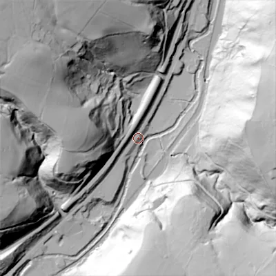 Shaded relief map of the ground around OL146DQ, computed from Environment Agency LiDAR. The ground here sits at about 119 m above sea level and falls 93 m across the surrounding 800 m. Surface water reaching this point runs off ground lying to the east-north-east, 92.2 m higher.