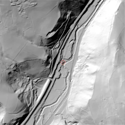 Shaded relief map of the ground around OL146DW, computed from Environment Agency LiDAR. The ground here sits at about 116 m above sea level and falls 123 m across the surrounding 800 m. Surface water reaching this point runs off ground lying to the west-north-west, 55.1 m higher.