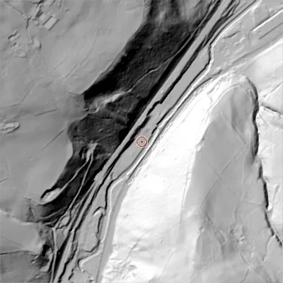 Shaded relief map of the ground around OL146ED, computed from Environment Agency LiDAR. The ground here sits at about 112 m above sea level and falls 157 m across the surrounding 800 m. Surface water reaching this point runs off ground lying to the north-west, 155.5 m higher.