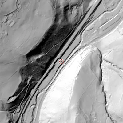 Shaded relief map of the ground around OL146EE, computed from Environment Agency LiDAR. The ground here sits at about 113 m above sea level and falls 163 m across the surrounding 800 m. Surface water reaching this point runs off ground lying to the west-north-west, 142.7 m higher.