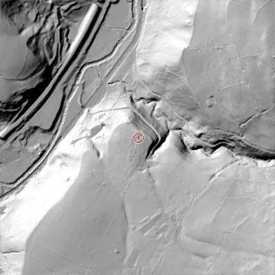 Shaded relief map of the ground around OL146HA, computed from Environment Agency LiDAR. The ground here sits at about 170 m above sea level and falls 126 m across the surrounding 800 m. Surface water reaching this point runs off ground lying to the south, 2.5 m higher.