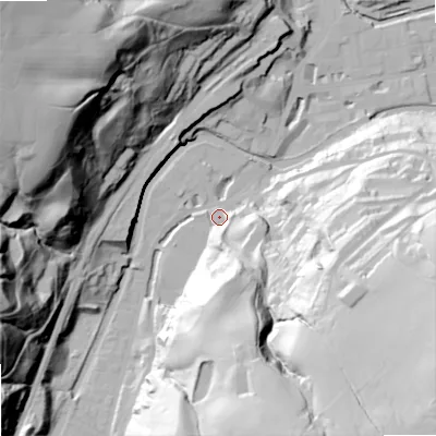 Shaded relief map of the ground around OL146LB, computed from Environment Agency LiDAR. The ground here sits at about 131 m above sea level and falls 105 m across the surrounding 800 m. Surface water reaching this point runs off ground lying to the south, 39.0 m higher.