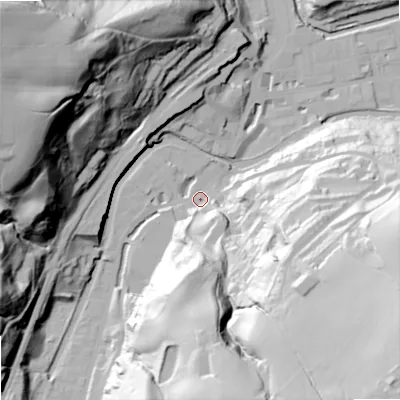 Shaded relief map of the ground around OL146LD, computed from Environment Agency LiDAR. The ground here sits at about 130 m above sea level and falls 101 m across the surrounding 800 m. Surface water reaching this point runs off ground lying to the south, 46.5 m higher.