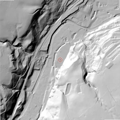 Shaded relief map of the ground around OL146LG, computed from Environment Agency LiDAR. The ground here sits at about 132 m above sea level and falls 108 m across the surrounding 800 m. Surface water reaching this point runs off ground lying to the south-east, 44.2 m higher.
