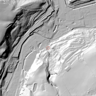 Shaded relief map of the ground around OL146LX, computed from Environment Agency LiDAR. The ground here sits at about 130 m above sea level and falls 96 m across the surrounding 800 m. Surface water reaching this point runs off ground lying to the south-east, 88.8 m higher.