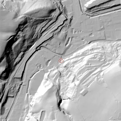 Shaded relief map of the ground around OL146LZ, computed from Environment Agency LiDAR. The ground here sits at about 129 m above sea level and falls 96 m across the surrounding 800 m. Surface water reaching this point runs off ground lying to the south-east, 91.1 m higher.