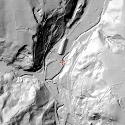 Shaded relief map of the ground around OL146RG, computed from Environment Agency LiDAR. The ground here sits at about 138 m above sea level and falls 133 m across the surrounding 800 m. Surface water reaching this point runs off ground lying to the south-west, 128.6 m higher.