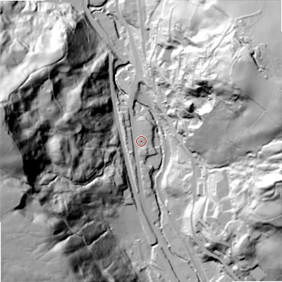 Shaded relief map of the ground around OL146RH, computed from Environment Agency LiDAR. The ground here sits at about 152 m above sea level and falls 126 m across the surrounding 800 m. Surface water reaching this point runs off ground lying to the south, 3.3 m higher.