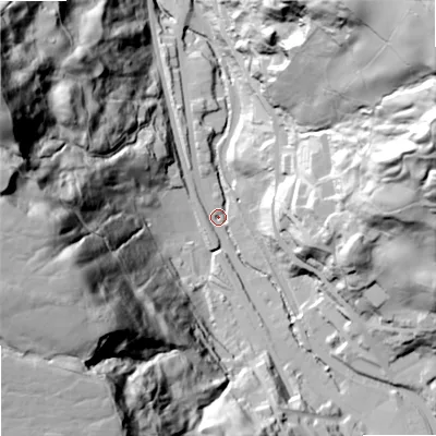 Shaded relief map of the ground around OL146RN, computed from Environment Agency LiDAR. The ground here sits at about 150 m above sea level and falls 117 m across the surrounding 800 m. Surface water reaching this point runs off ground lying to the west-south-west, 111.3 m higher.