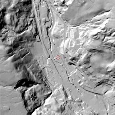 Shaded relief map of the ground around OL146RP, computed from Environment Agency LiDAR. The ground here sits at about 151 m above sea level and falls 112 m across the surrounding 800 m. Surface water reaching this point runs off ground lying to the east-north-east, 103.1 m higher.