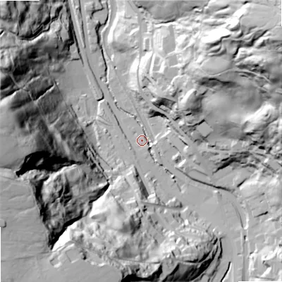Shaded relief map of the ground around OL146RR, computed from Environment Agency LiDAR. The ground here sits at about 153 m above sea level and falls 114 m across the surrounding 800 m. Surface water reaching this point runs off ground lying to the north-east, 106.9 m higher.